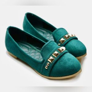 Green Suede Studded Loafers Gold Stud Slip-On Flats